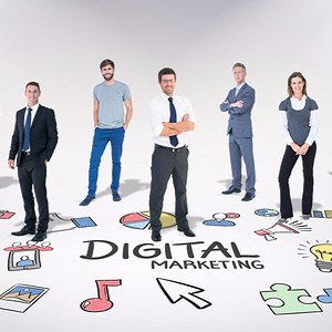 people standing on a sign that says digital marketing