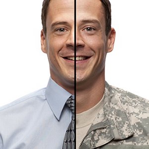 image of man split in work clothes and military clothes